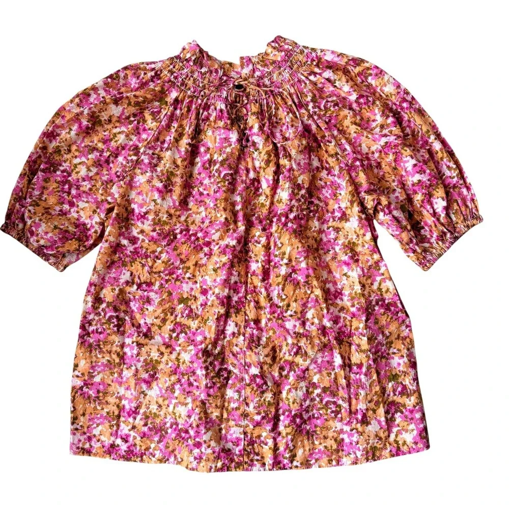 J.Crew Smocked Neck Puff Sleeve Top XS Pink Floral Lace Back Blouse